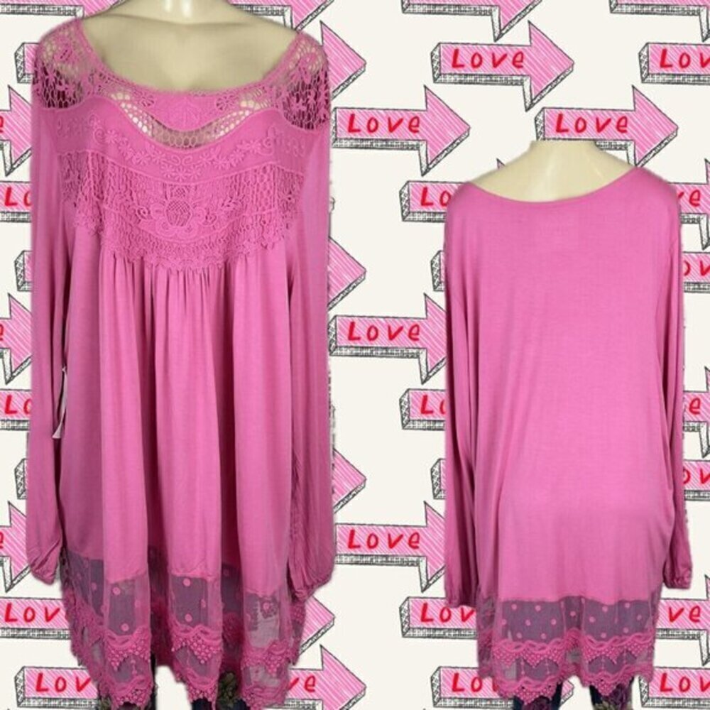 Roaman's 30/32 Pink Scoop Neck Lace Bib Sheer Mesh Scallop Hem Long Sleeve Top